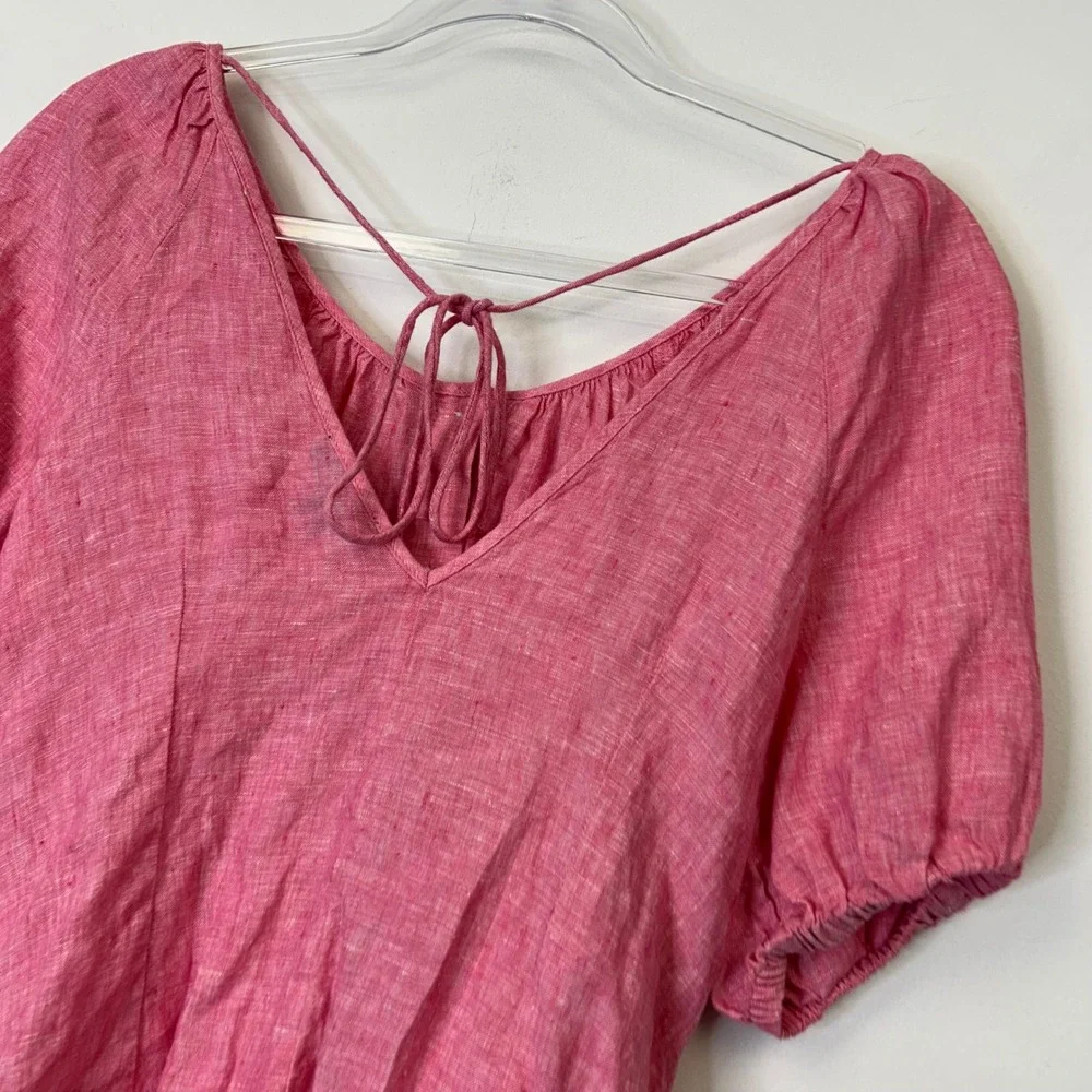 J. Crew Pink Linen Puff Sleeve Top Women's 4 Tie Back Beach Resort